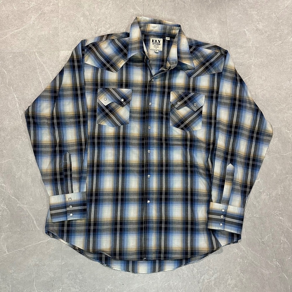Ely Cattleman Mens Blue Plaid Western Pearl Snap Long Sleeve Shirt XL